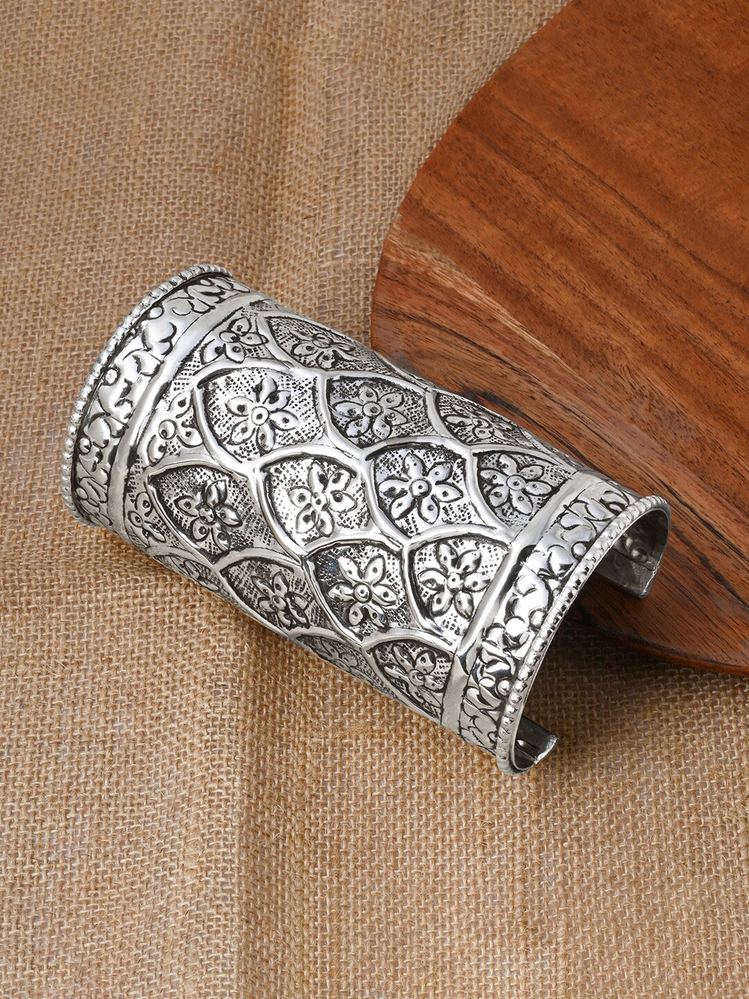 TEEJH Harshali Silver-Plated Oxidised Cuff Bracelet