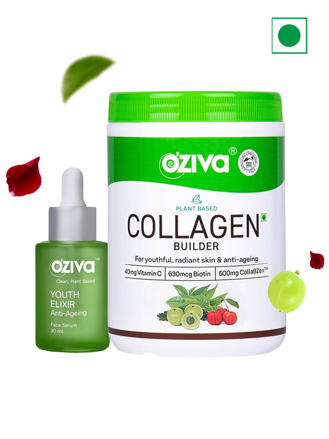 OZiva Anti-Aging Routine - Collagen Builder Powder 250g & Youth Elixir Face Serum 30ml
