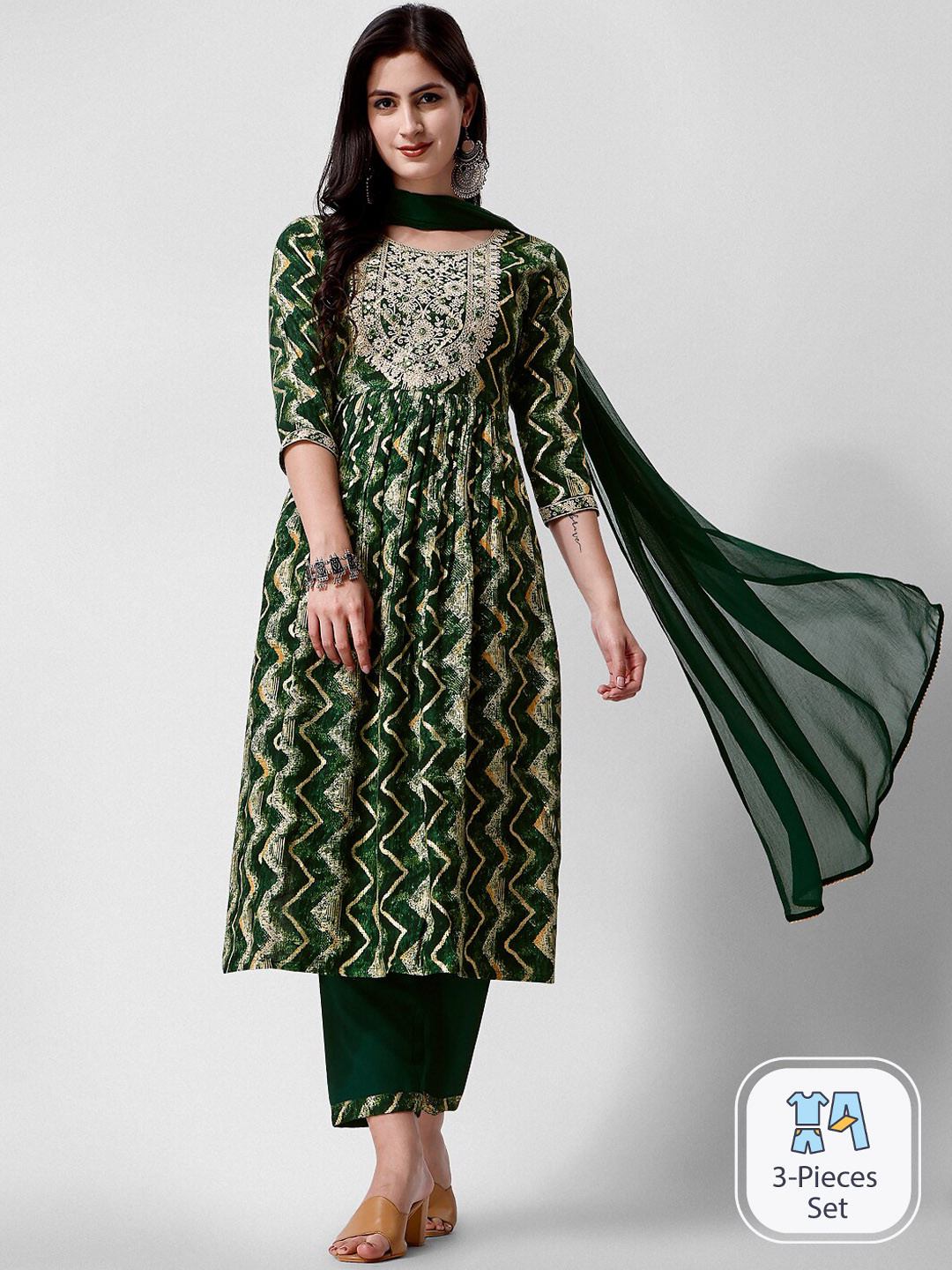 KALINI  Printed High Slit Thread Work Kurta with Trousers & Dupatta