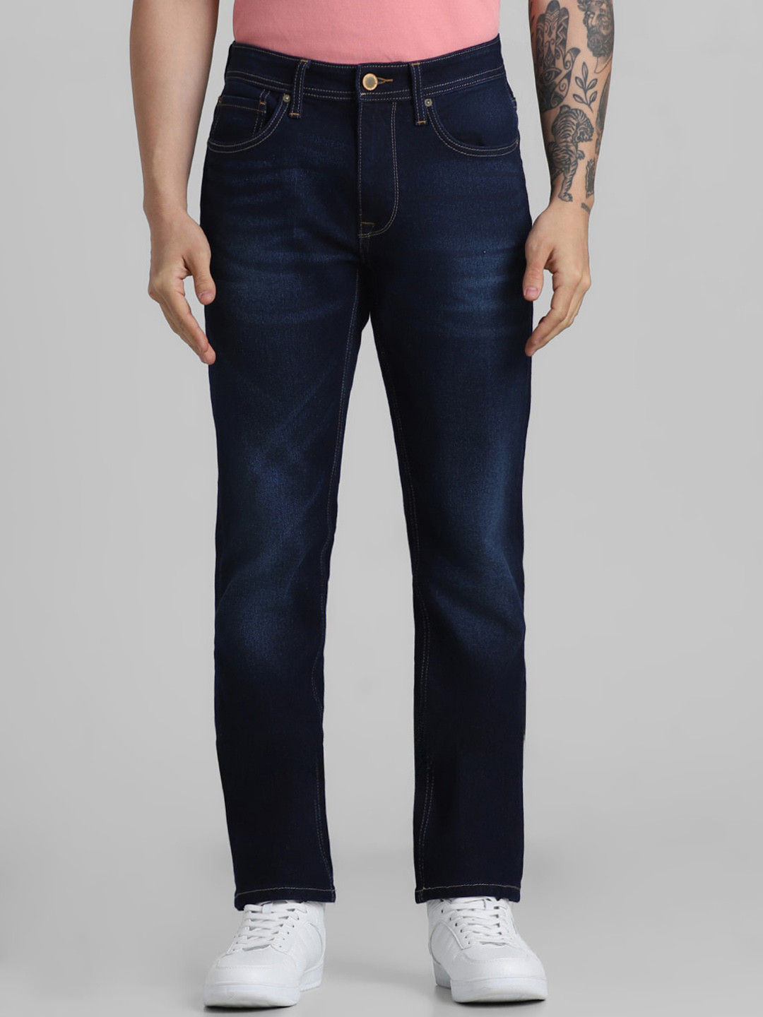 Jack & Jones Men Clark Mid-Rise Light Fade Dark Shade Clean Look Stretchable Jeans