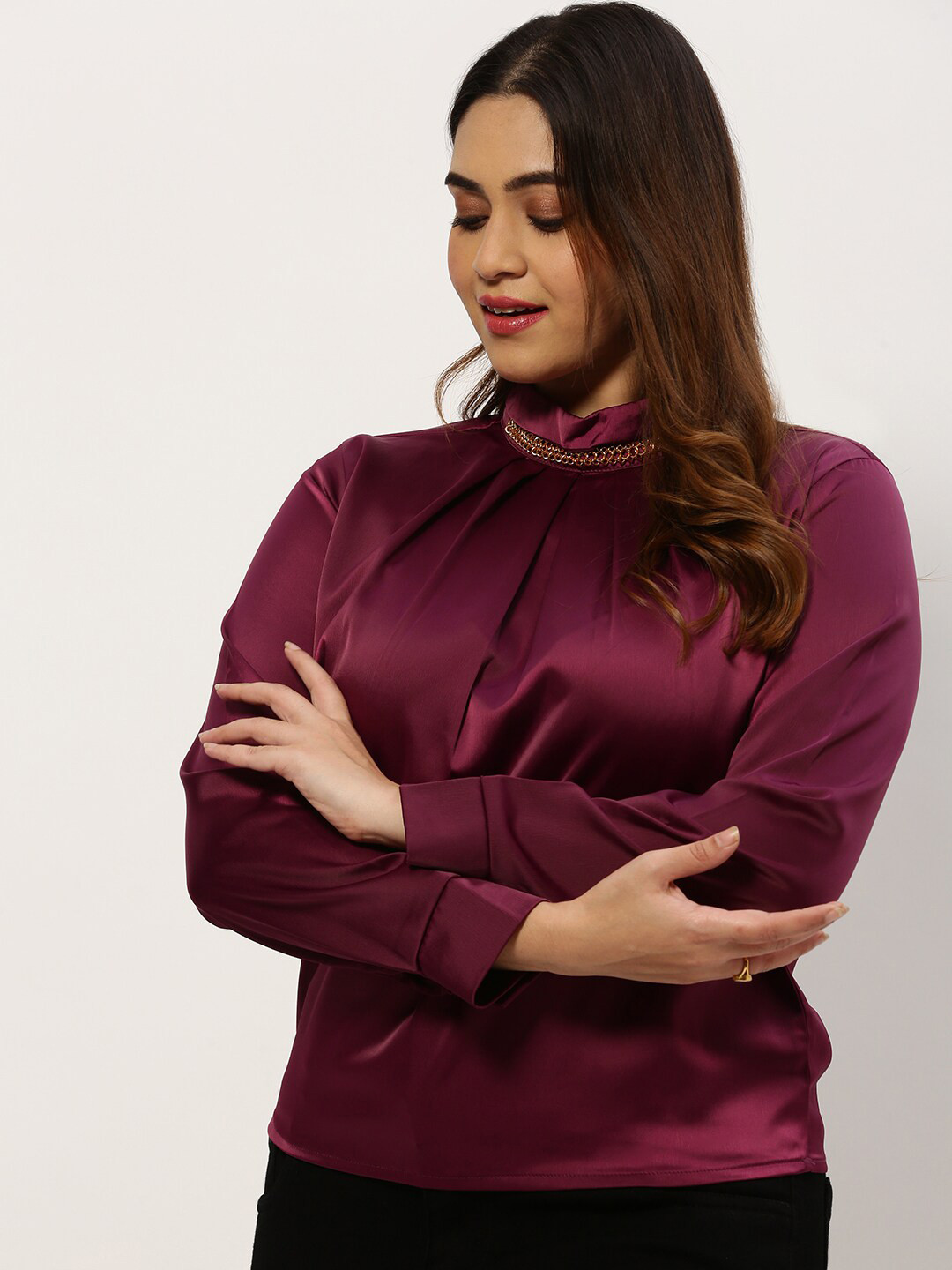 SHOWOFF Plus High Neck Cuffed Sleeves Top