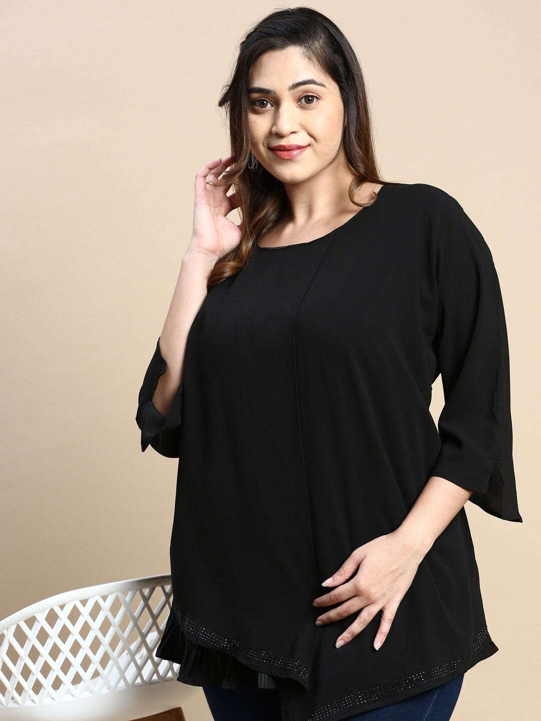SHOWOFF Plus Embellished Layered Slit Sleeves Round Neck A-Line Top