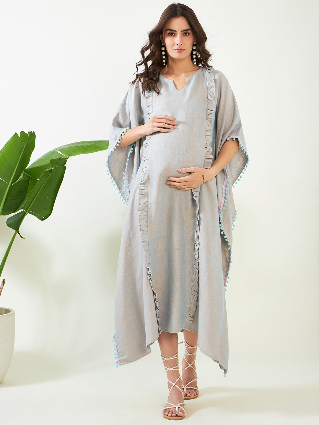 The Kaftan Company Maternity Ruffled Linen Kaftan Midi Dress