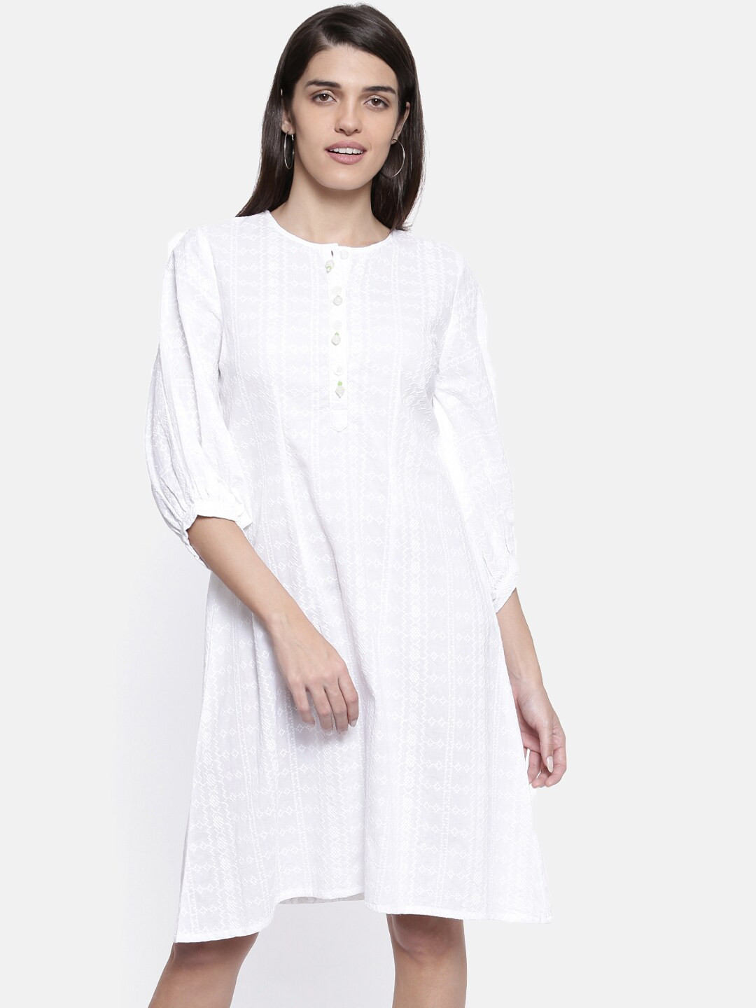The Kaftan Company Ethnic Motifs Embroidered Puff Sleeve Cotton Schiffli A-Line Dress
