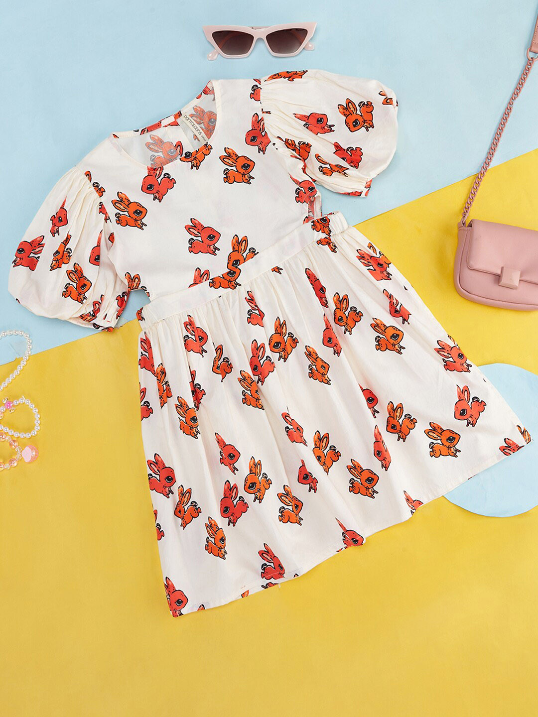 Pantaloons Junior Off White Floral Print Flared Sleeve Fit & Flare Dress