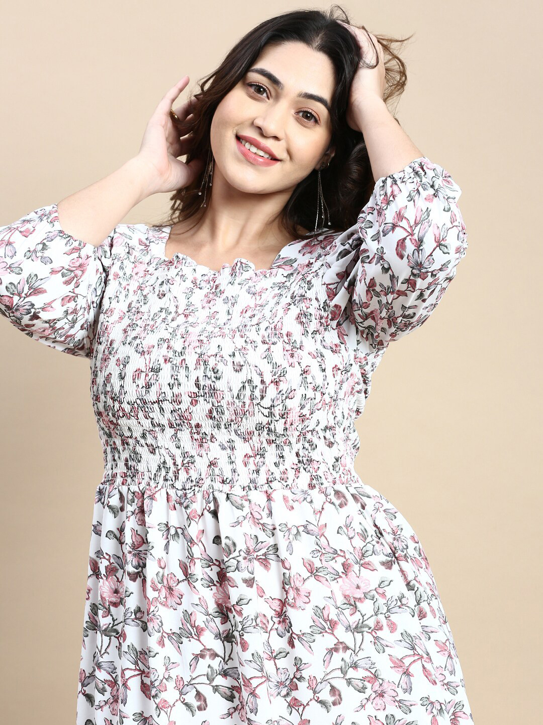 SHOWOFFFF Plus Floral Printed Puff Sleeve Fit & Flare Dress