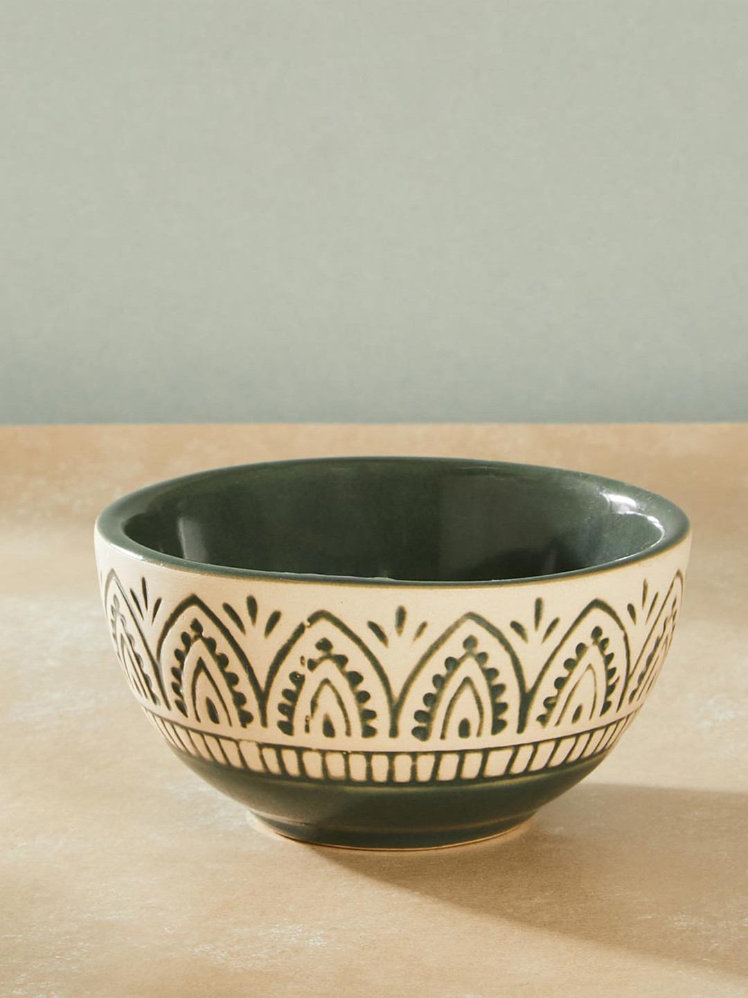 Fabindia Olive Green & White 1 Piece Printed Ceramic Matte Bowls