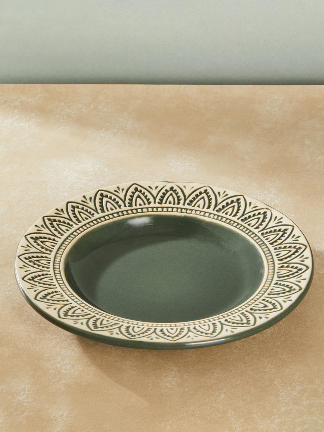 Fabindia Olive Green 1 Piece Ethnic Motifs Printed Ceramic Glossy Plate