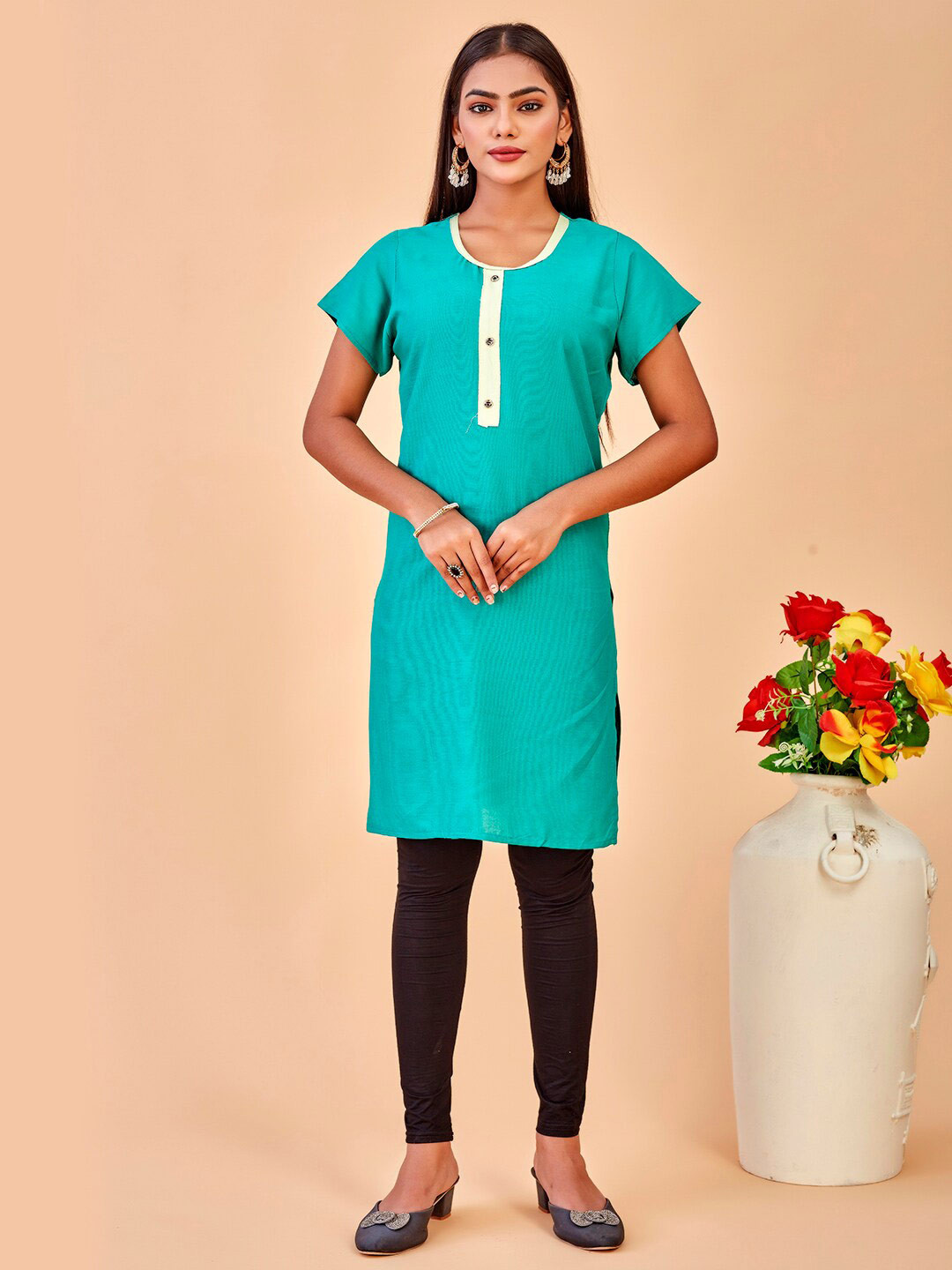 Anouk Turquoise Blue Round Neck Short Sleeve Straight Kurta