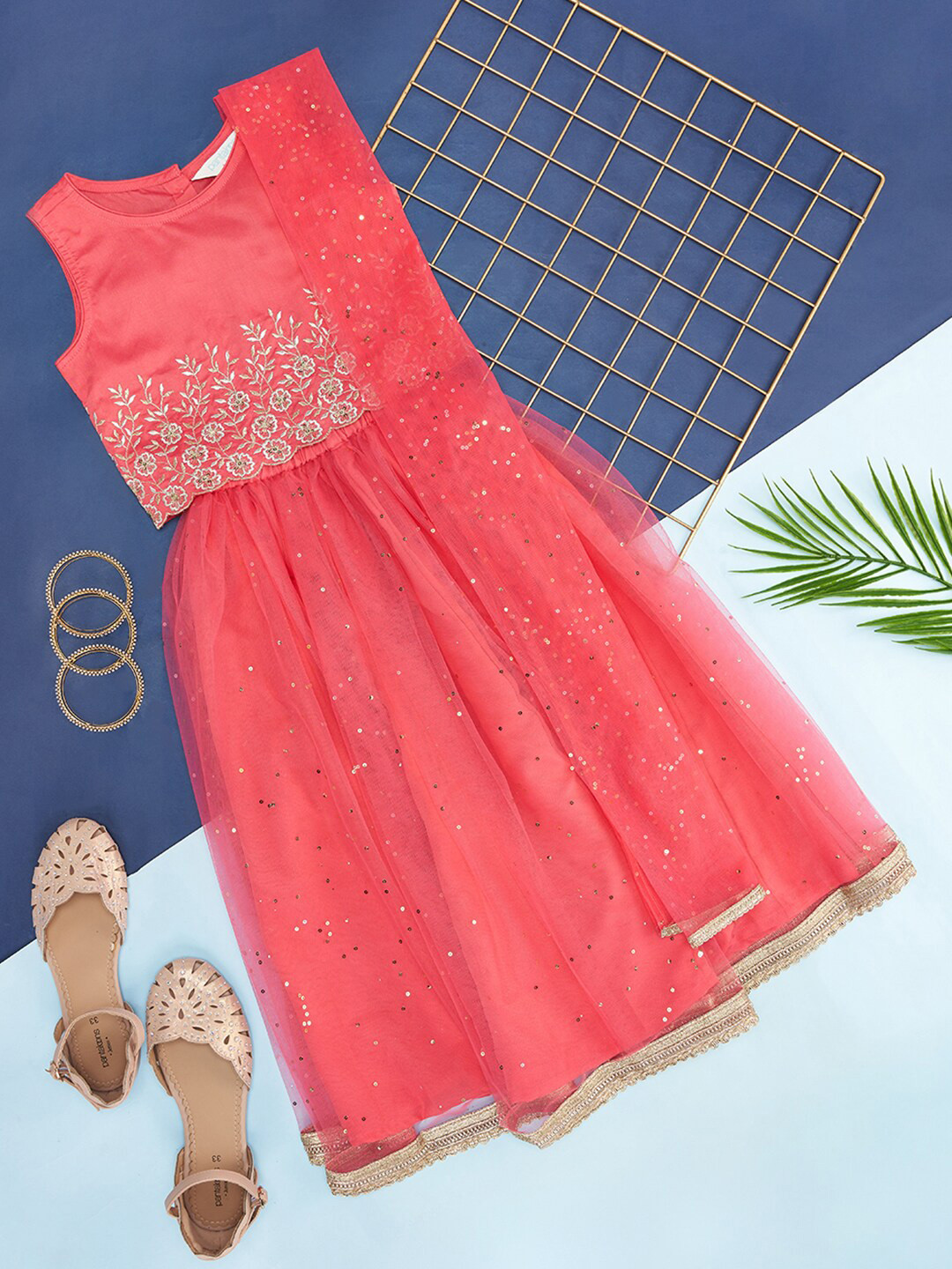 AKKRITI BY PANTALOONS Girls Embroidered Ready To Wear Lehenga & Blouse With Dupatta