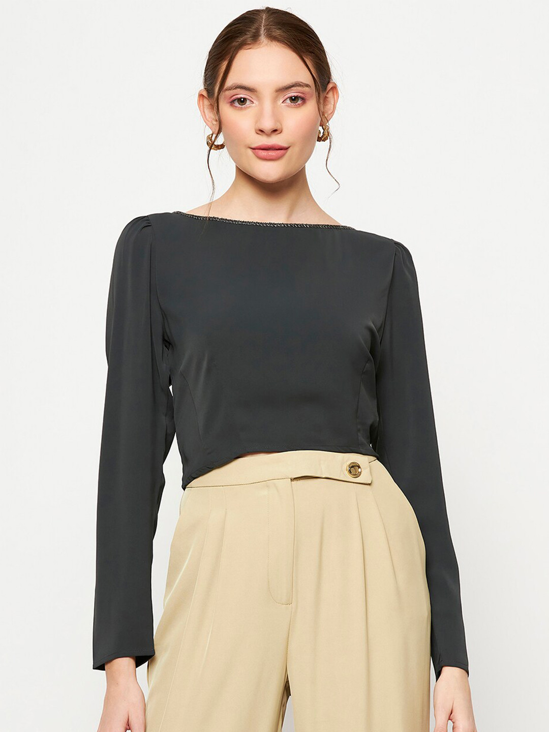 Madame Boat Neck Puff Sleeves Tie-Up Detailed Crop Top
