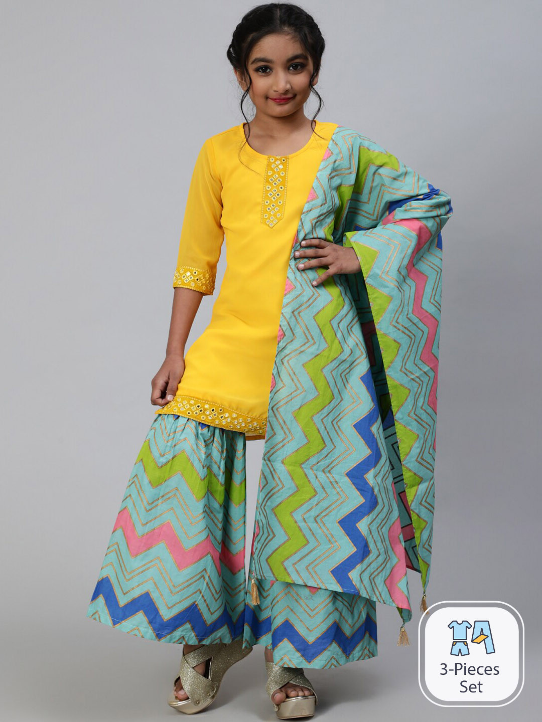 Aks Kids Girls Mirror Work Kurta With  Sharara & Dupatta
