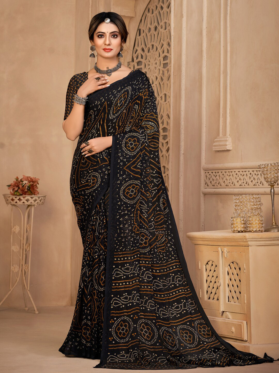Anouk Black Printed Pure Chiffon Bandhani Saree