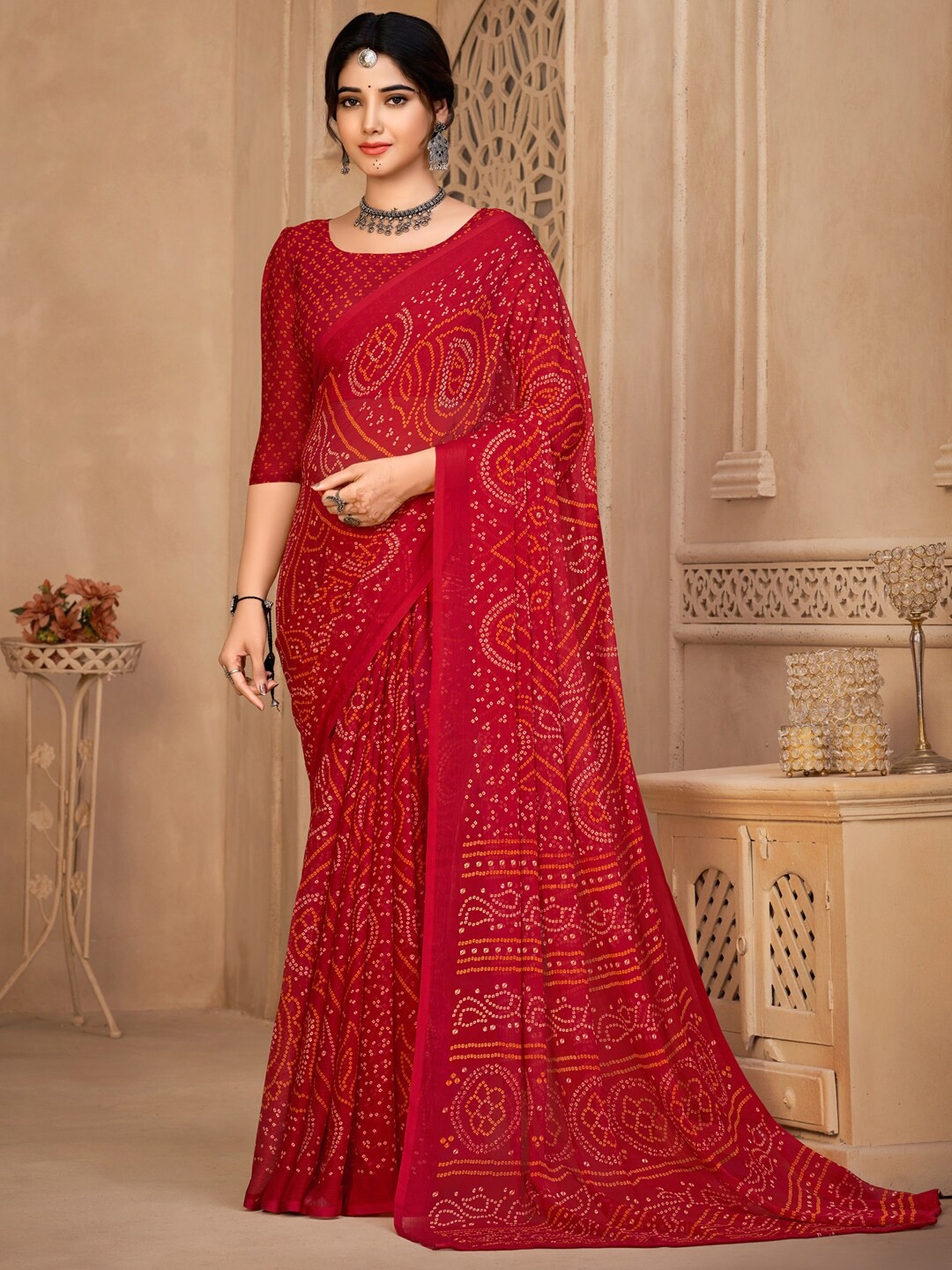 Anouk Red & Cream-Coloured Bandhani Pure Chiffon Saree