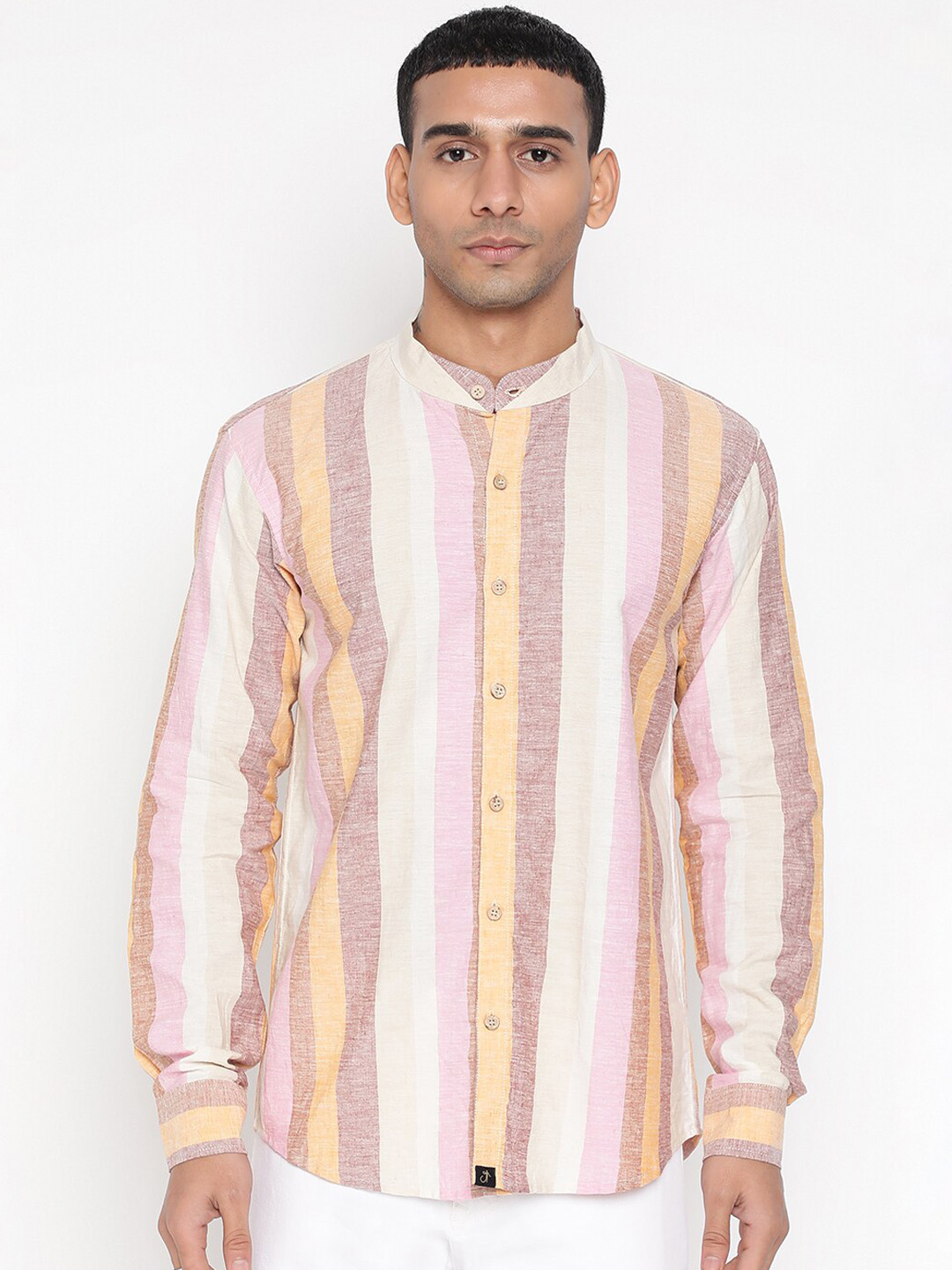 JAVINISHKA Classic Band Collar Striped Cotton Linen Casual Shirt