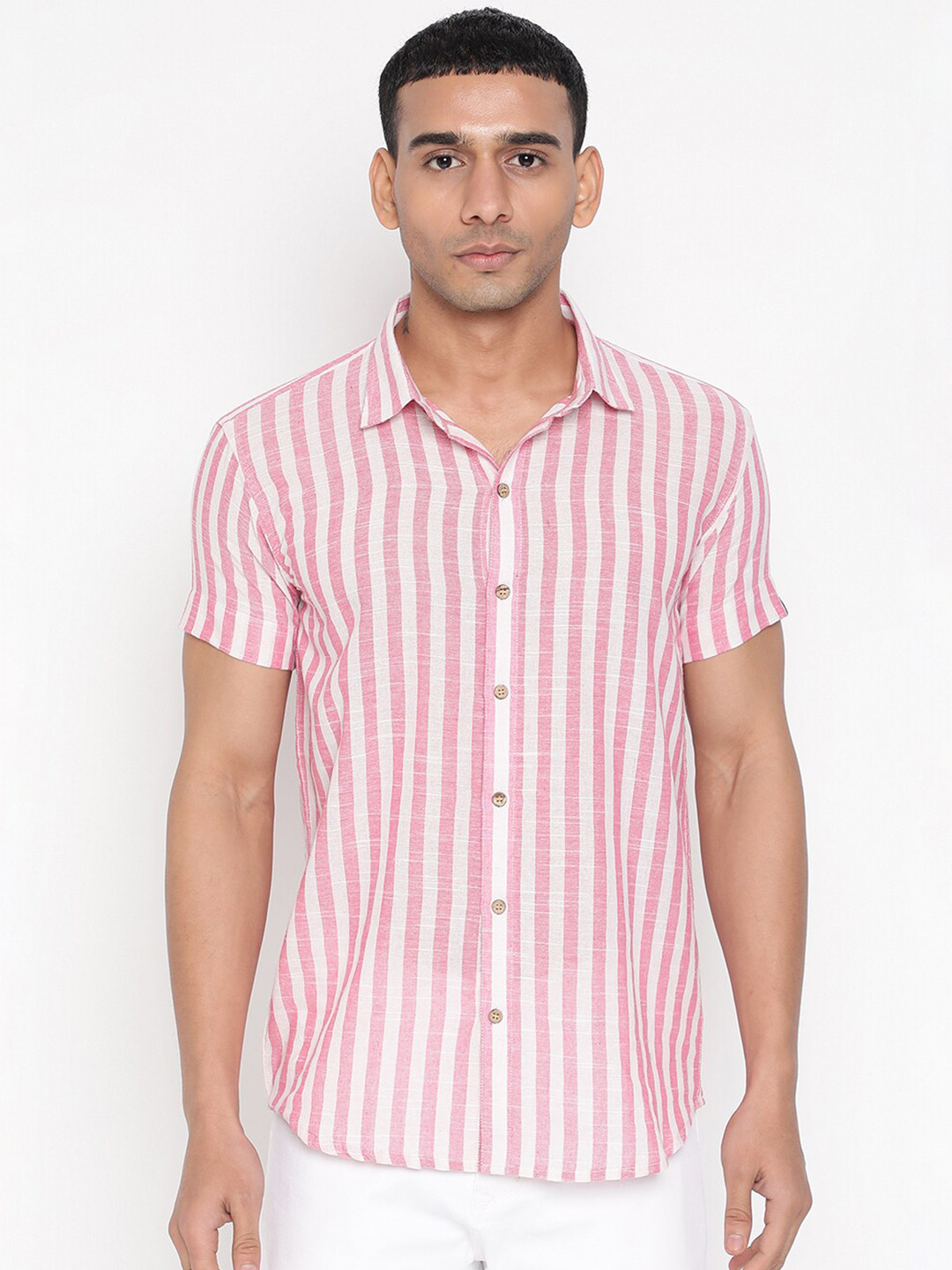 JAVINISHKA Classic Slim Fit Vertical Striped Spread Collar Cotton Linen Casual Shirt