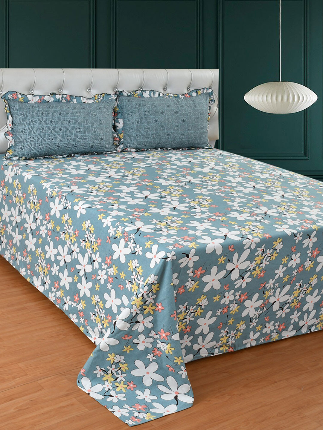 MORADO Fril Grey Floral Polycotton 210 TC King Fine Bedsheet with 2 Pillow Covers-108 x 108 inches