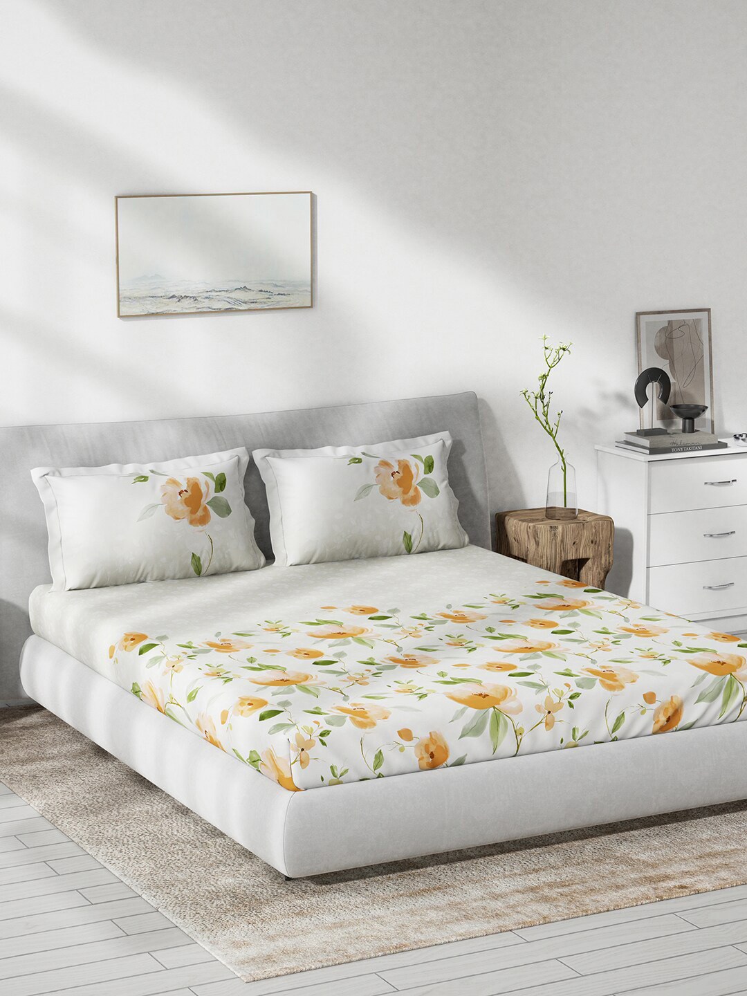 DDecor Live Beautiful Orange Floral Cotton 144 TC Fitted King Bedsheet with 2 Pillow Covers-72 x 78 inches