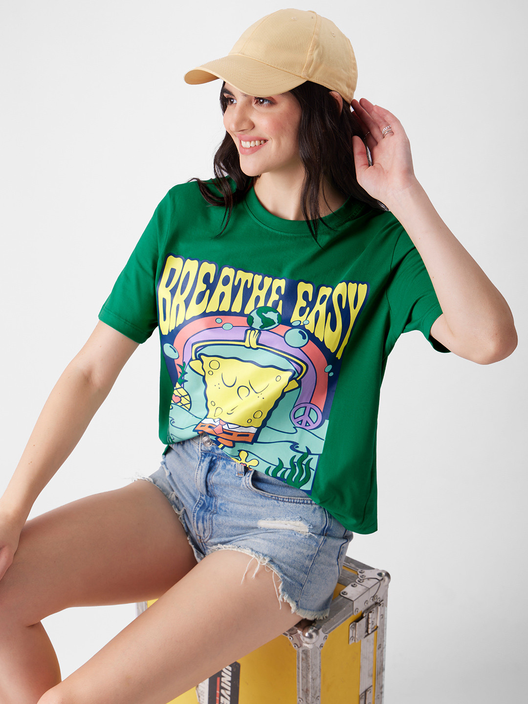 The Souled Store Spongebob Printed Pure Cotton Oversized Fit T-Shirt