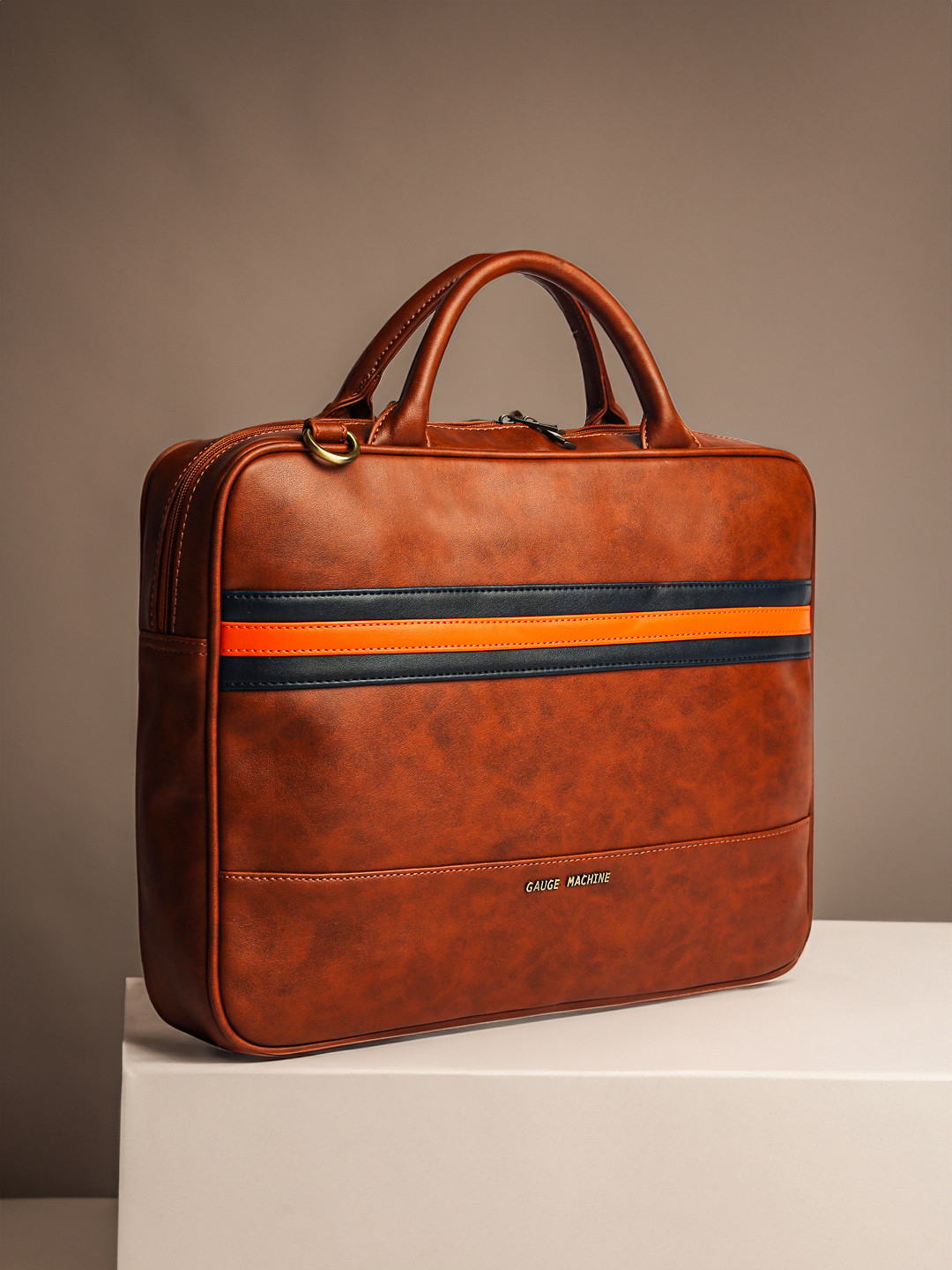 Gauge Machine Solid Leather Structured Detachable Strap Laptop Bag - 15 Inches
