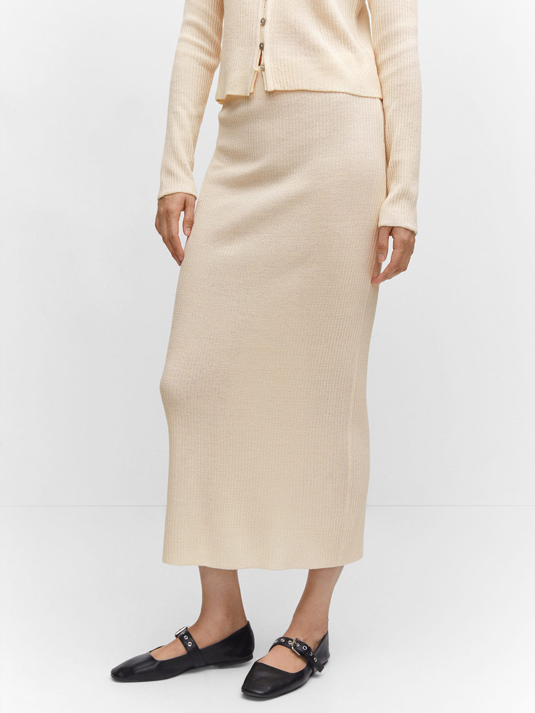 MANGO Acrylic Ribbed Knitted Midi Straight Skirt