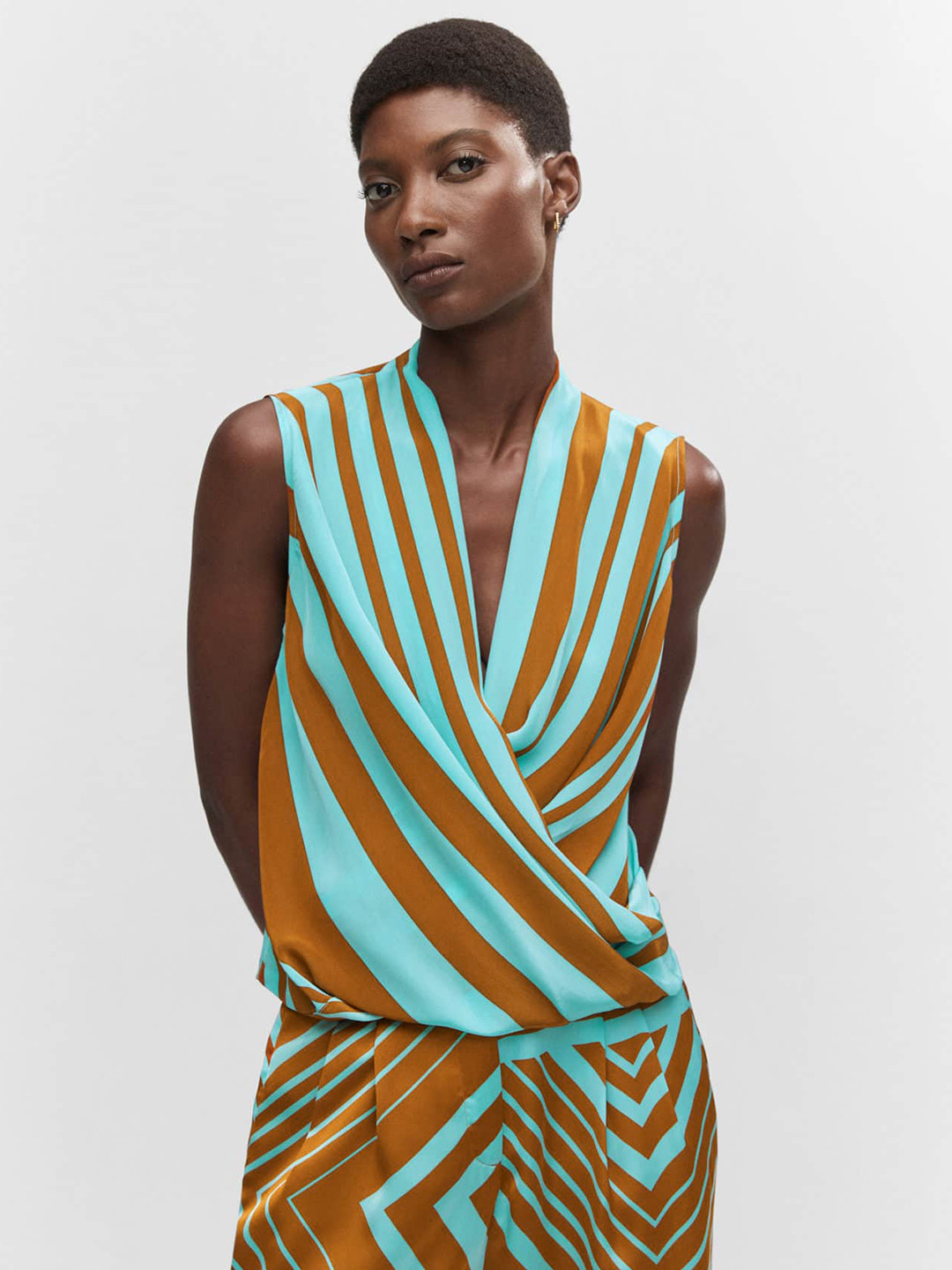 MANGO Striped Wrap Top