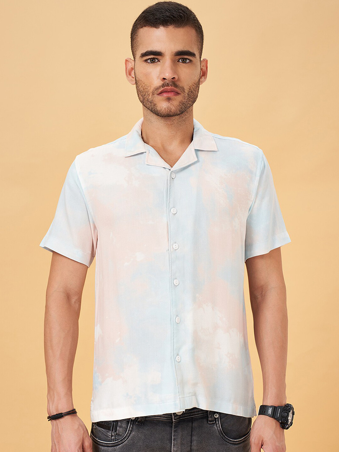 People Slim Fit Absreact Printed Club Collar Casual Shirt