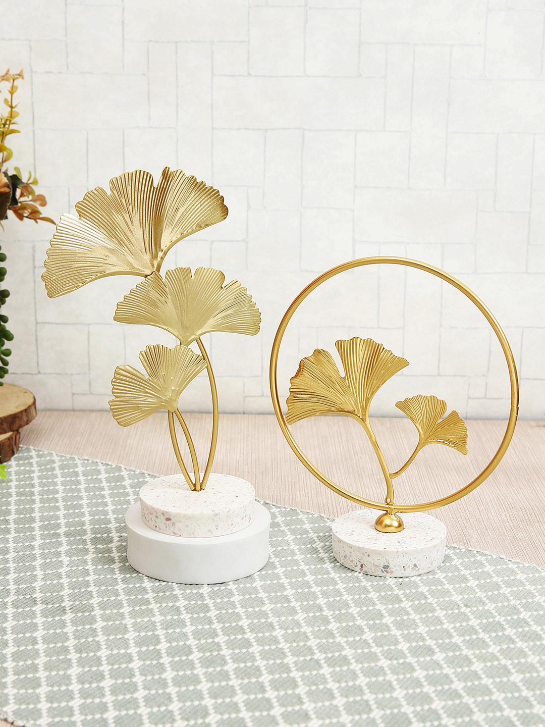 TIED RIBBONS Leaf Gold Metal Metallic Living Room Set of 2 Medium Showpieces - 9.5 Inches