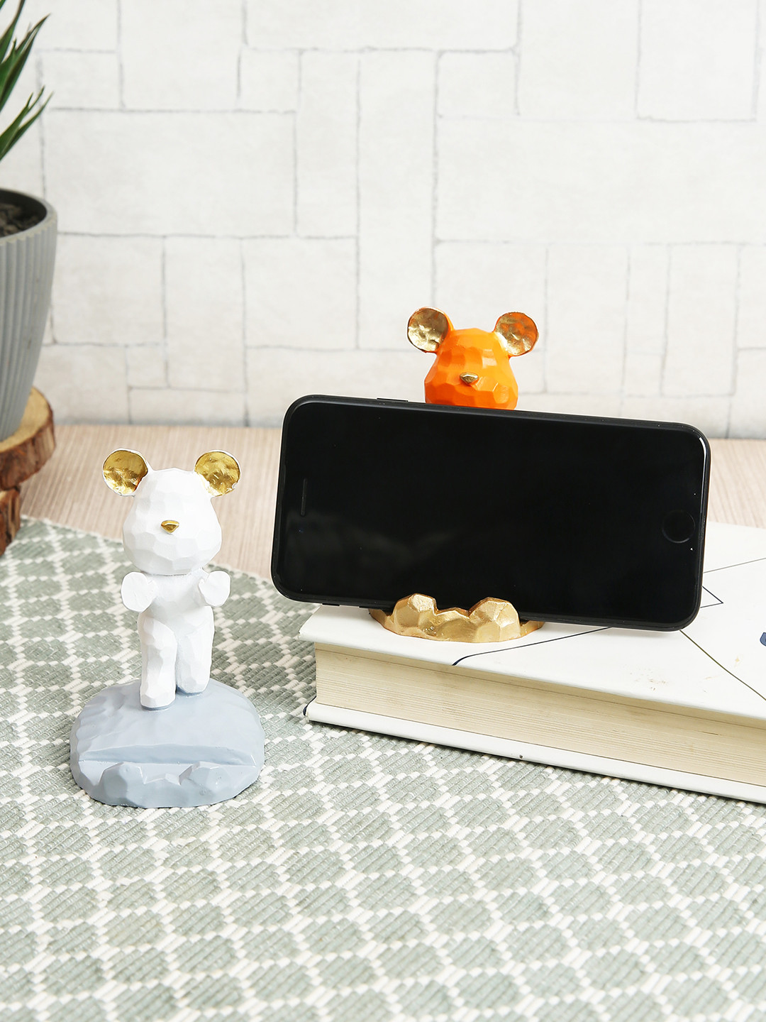 TIED RIBBONS Mobile Phone Stand Orange Polyresin Matte Living Room Set of 2 Medium Showpieces - 3.5 Inches