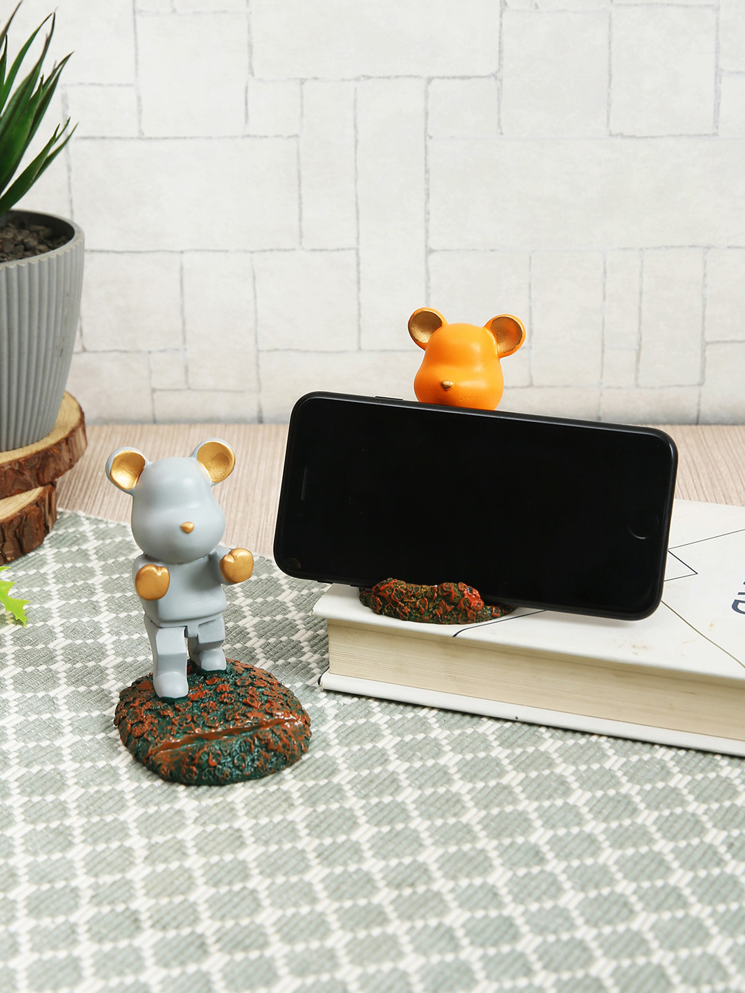 TIED RIBBONS Mobile Phone Stand Grey Polyresin Matte Living Room Set of 2 Medium Showpieces - 3.5 Inches