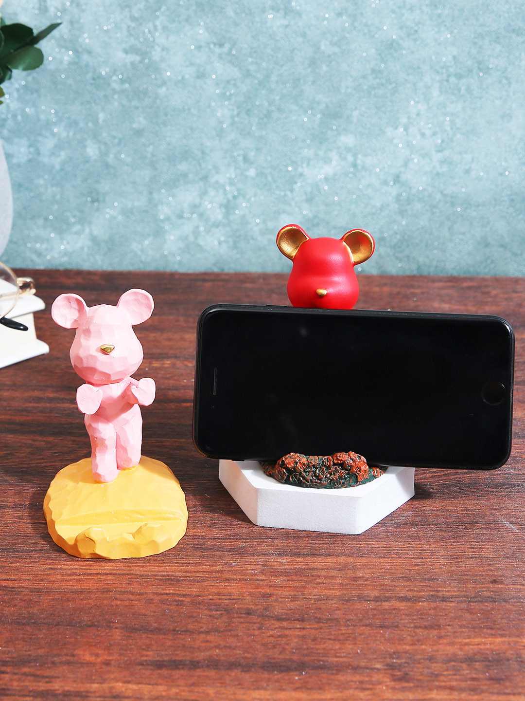 TIED RIBBONS Mobile Phone Stand Pink Polyresin Natural Living Room Set of 2 Medium Showpieces - 3.5 Inches