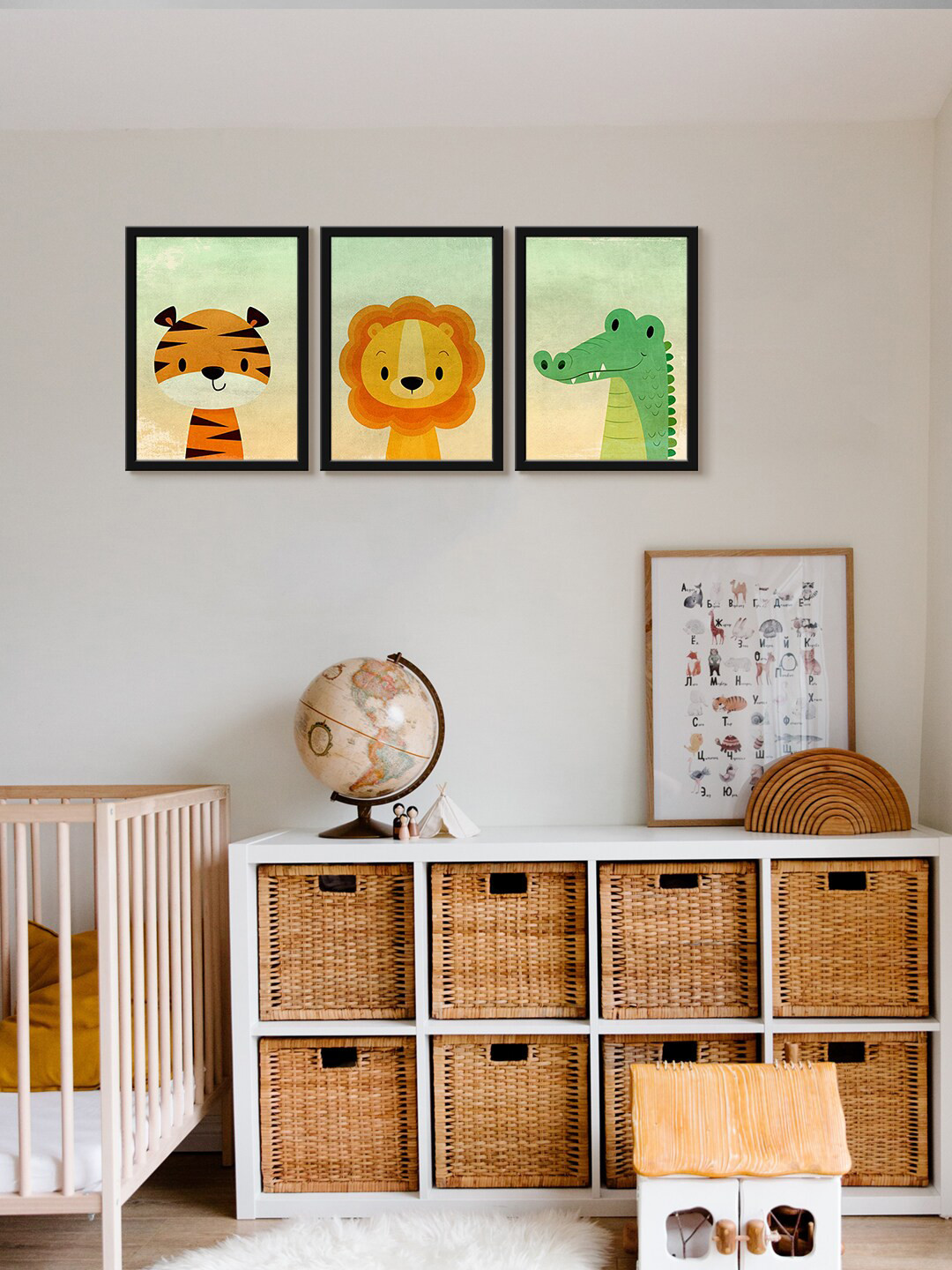 999Store Orange & Green 3 Pieces Tiger Lion & Crocodile Face Art UV Coating Wall Art