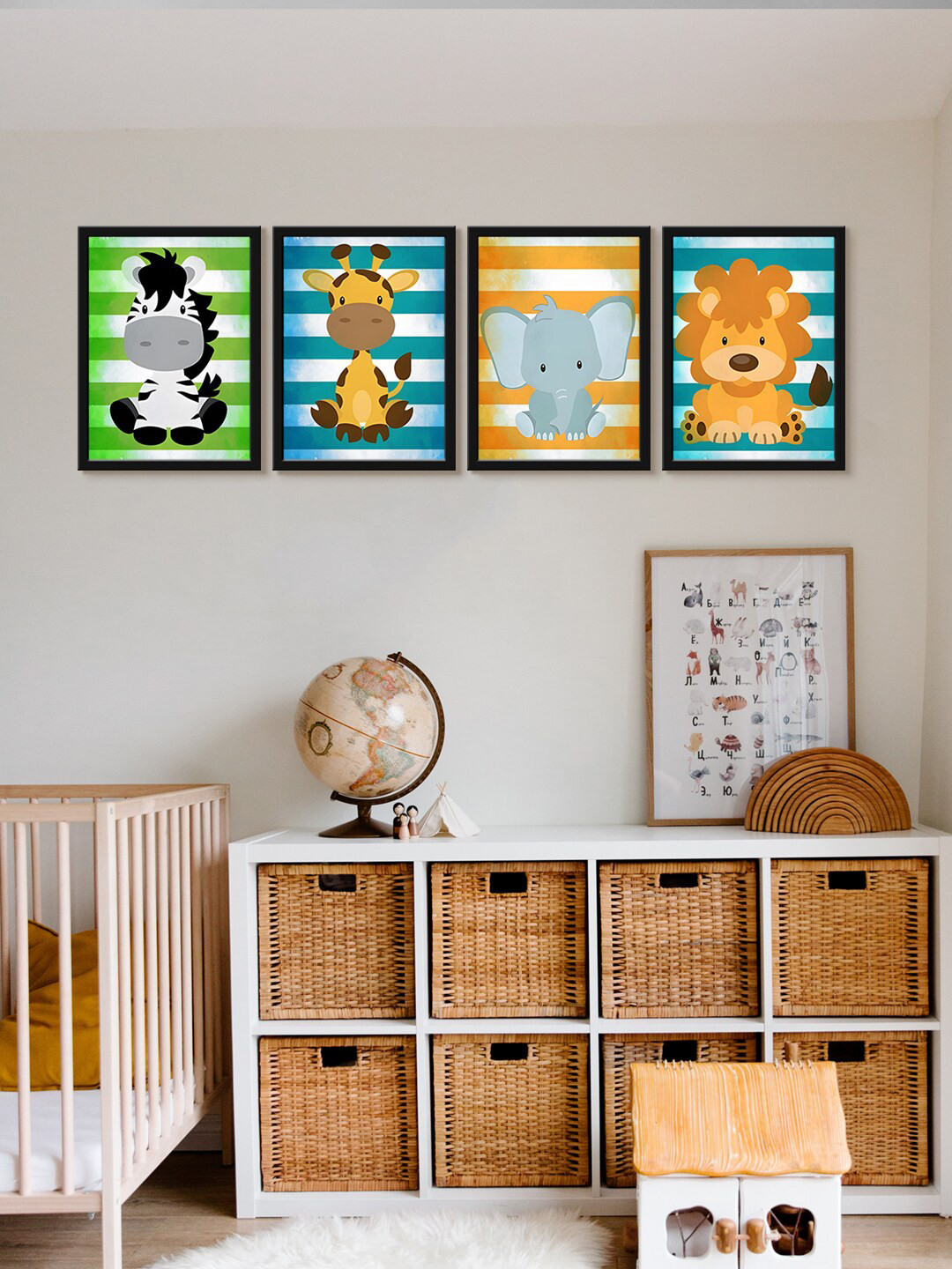 999Store White & Yellow 4-Pieces Cartoon Animal Printed Canvas Wall Art
