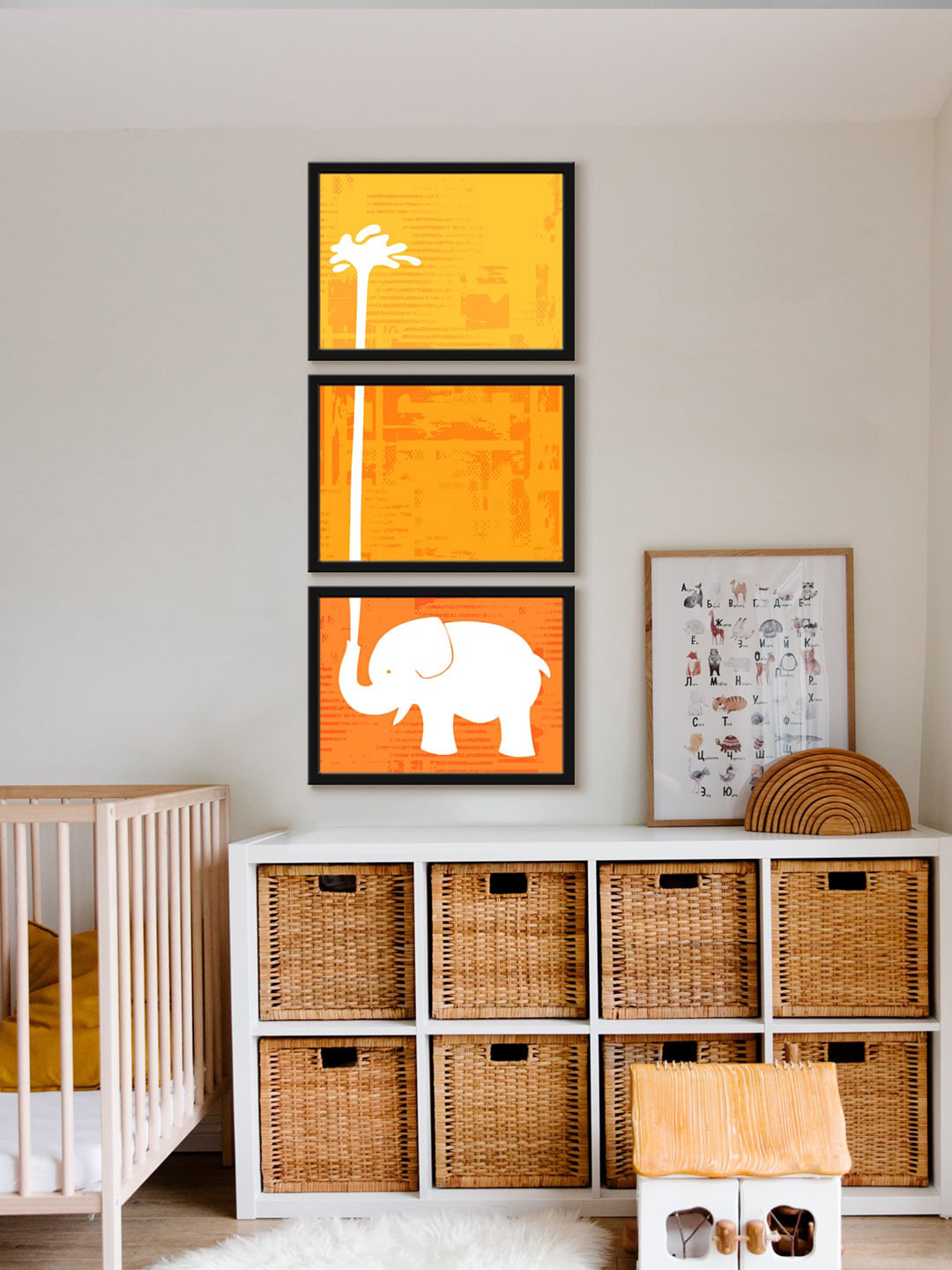 999Store 3-Pcs Yellow & White Elephant Flying Water Painting Framed Wall Art