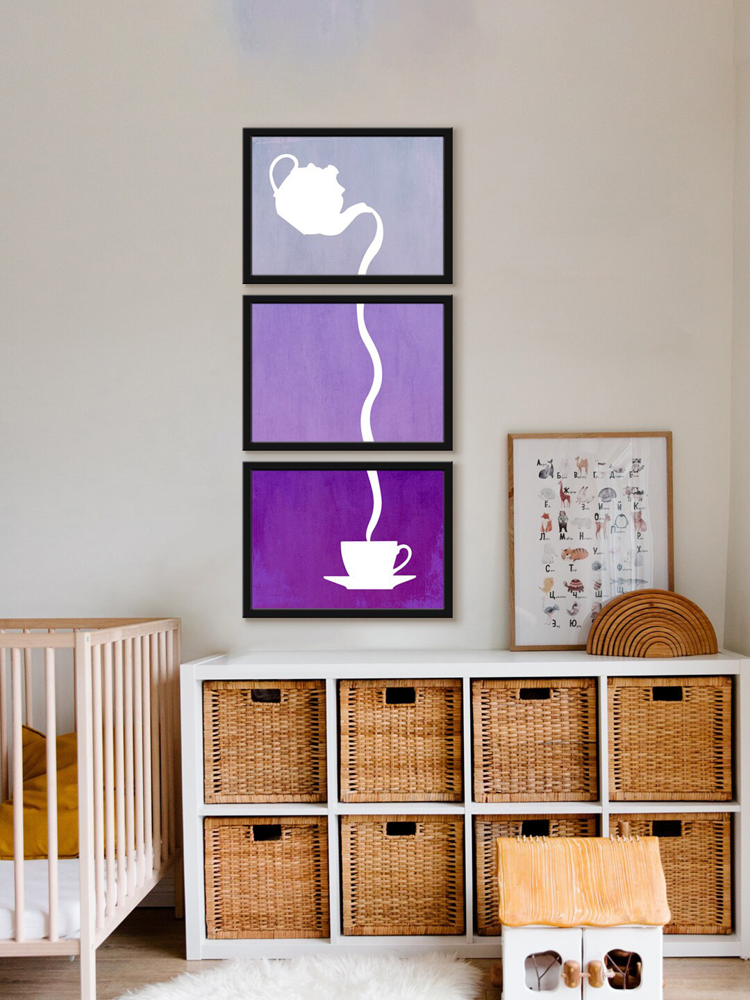 999Store 3 Pcs Purple & White Teapot With Cup UV Coating Painting Framed Wall Art