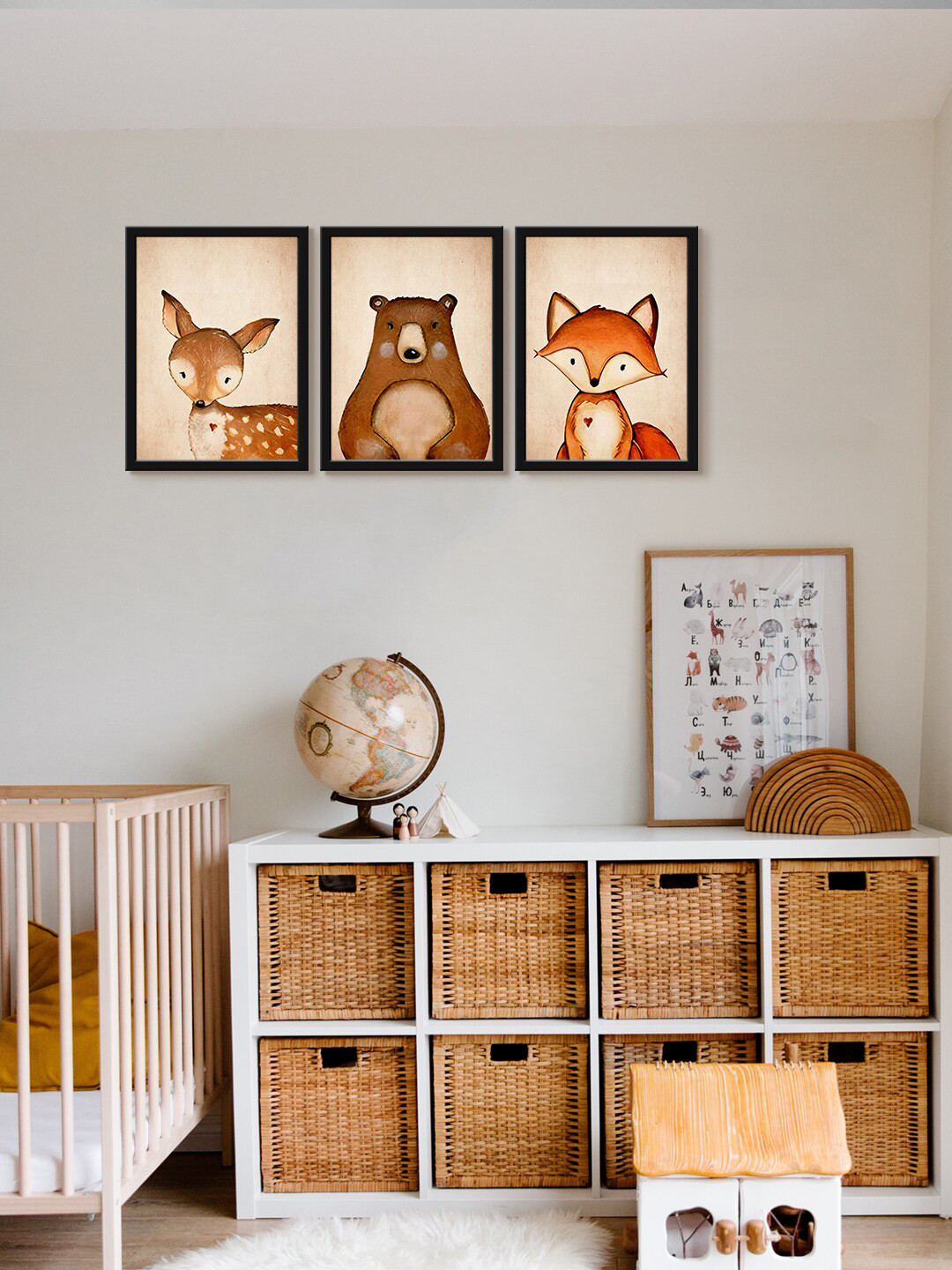 999Store 3 Pcs Brown & Beige Animals UV Coating Canvas Painting Framed Wall Art