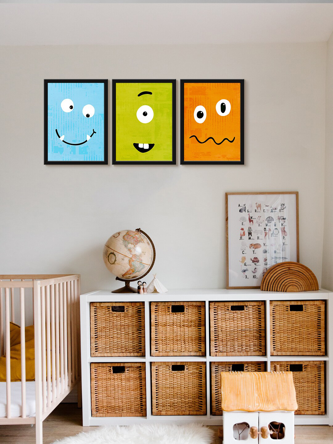 999Store Blue & Olive 3-Pieces Monster Printed Canvas Wall Art