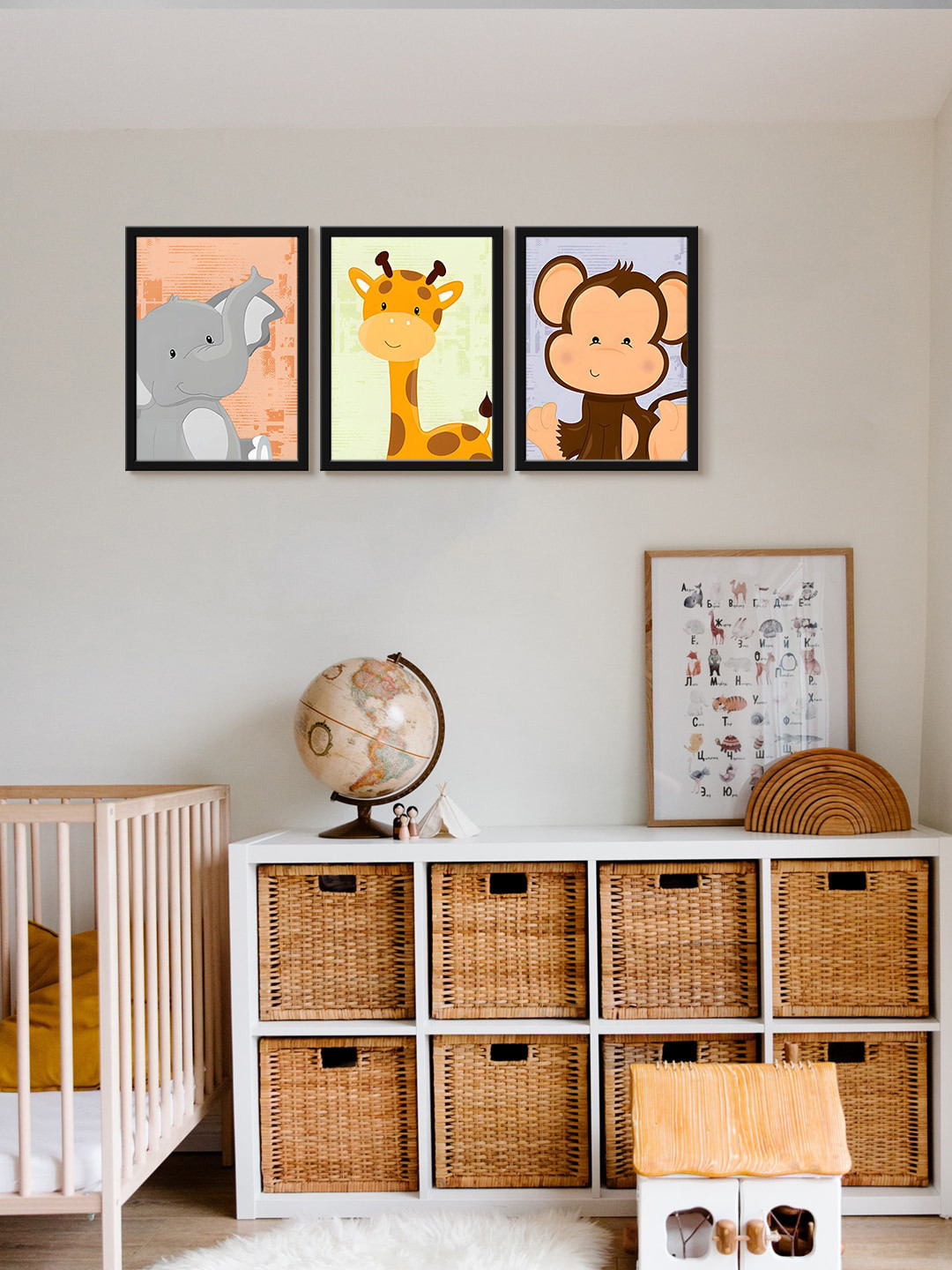 999Store 3-Pcs Orange & Brown Animals Painting Framed Wall Art