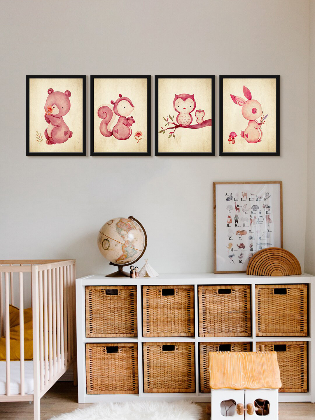 999Store Panda Bunny Owl And Baby Owl Canvas 4 Piece Wall Paintings Wall Art -18 x 12In