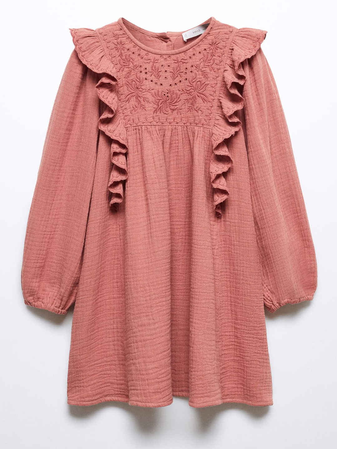 Mango Kids Girls Cotton Floral Embroidered Ruffle Detail A-Line Dress