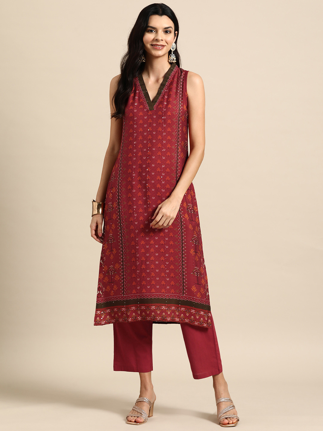 anayna Women Ethnic Motifs Printed Regular Sequinned Kurta with Trousers
