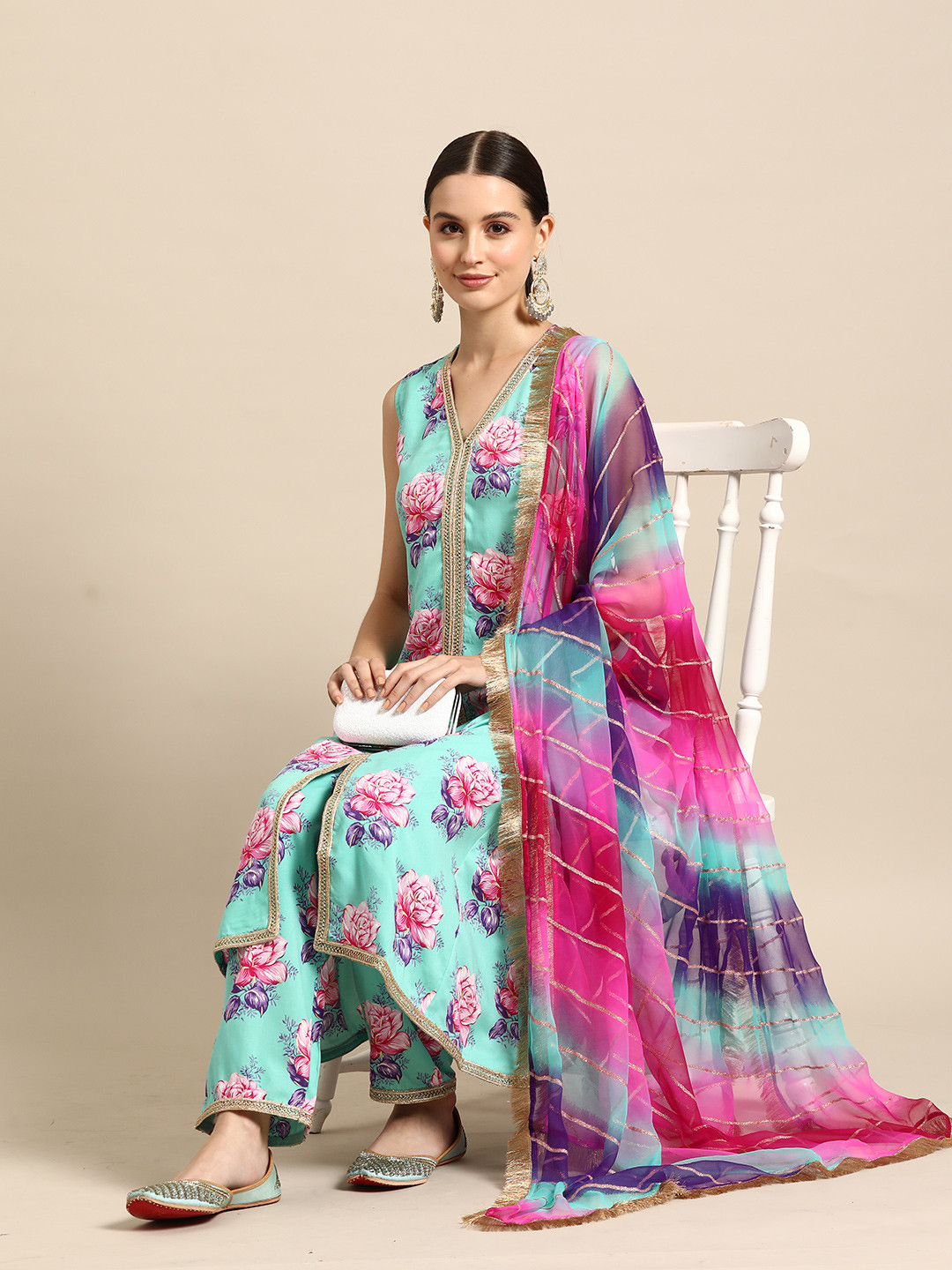 anayna Women Floral Printed Regular Thread Work Kurta with Trousers & Dupatta