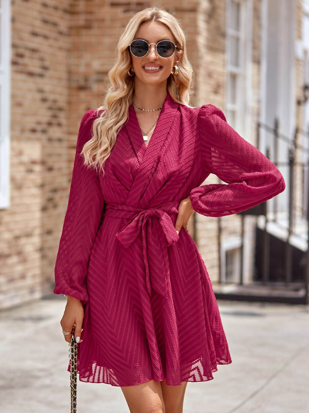 StyleCast Burgundy Self Design V-Neck Belted Wrap Dress