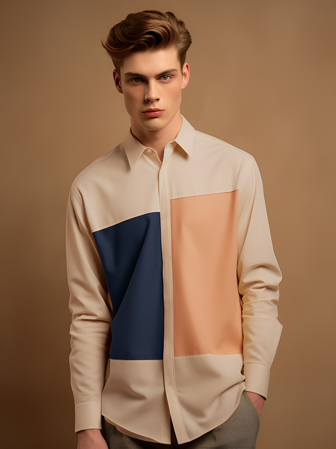 HE SPOKE Modern Tailored Fit Colourblocked Spread Collar Twill Cotton Casual Shirt