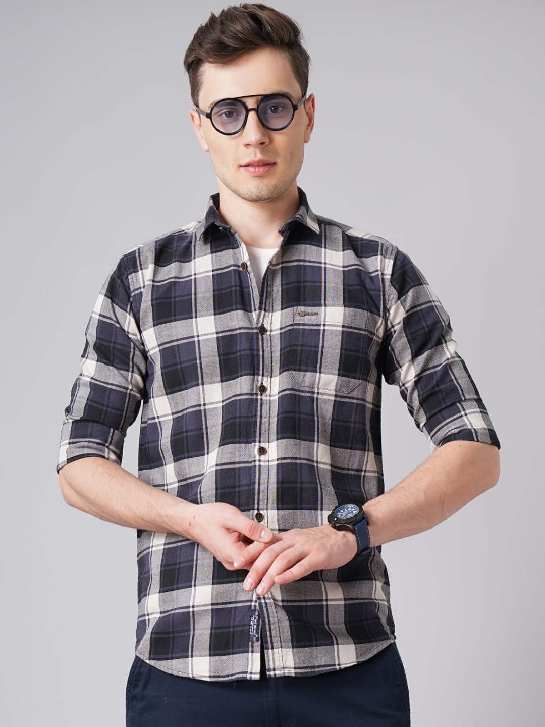 PAUL STREET Standard Slim Fit Tartan Checked Oxford Weave Cotton Casual Shirt