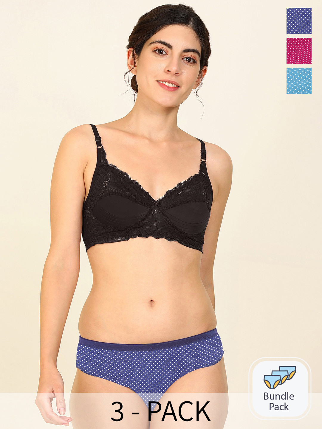 PIBU Pack Of 3 Cotton Lingerie Set F_Stiz Set_Pink,Blue,Green_30