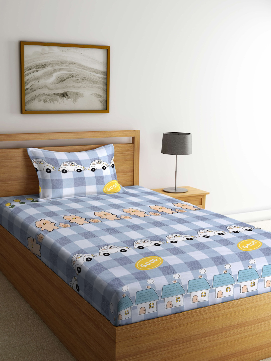 KLOTTHE Grey Conversational Cotton 300 TC Single Fine Bedsheet with a Pillow Cover-89 x 59 inches