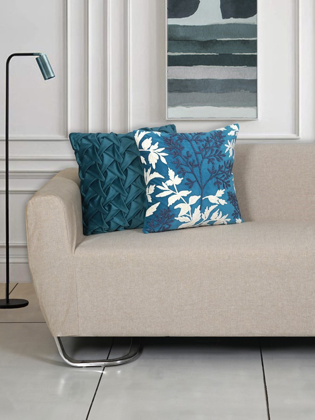 Ode & Cleo White & Blue Set of 2 Embroidered Square Cushion Covers