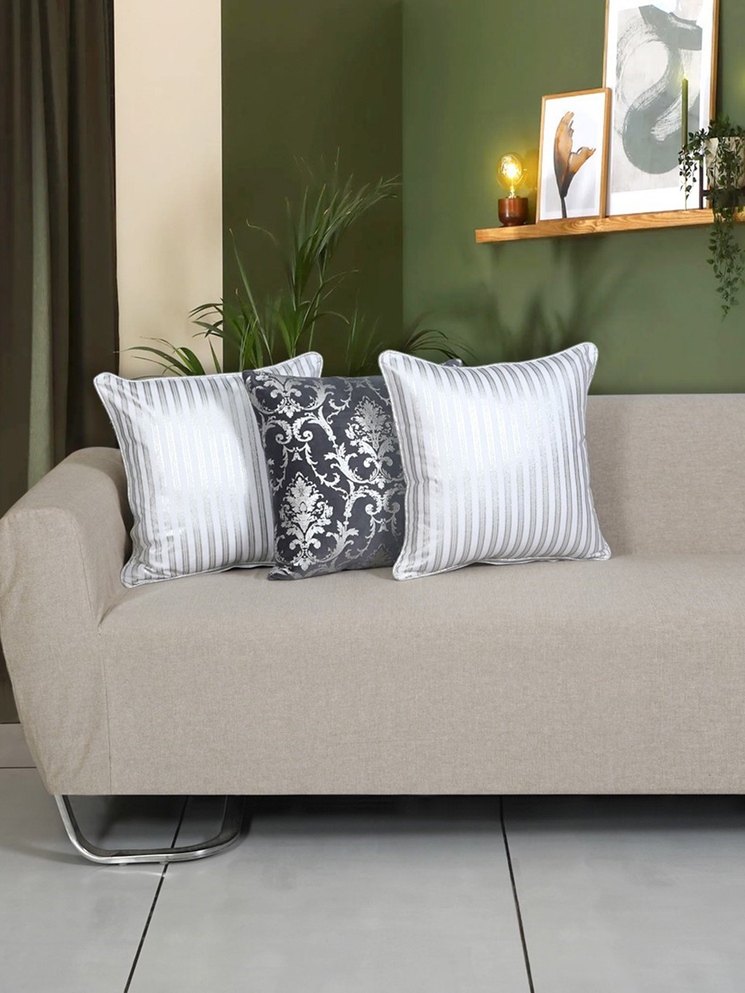 Ode & Cleo Silver-Toned & Black Set of 3 Striped Square Cushion Covers