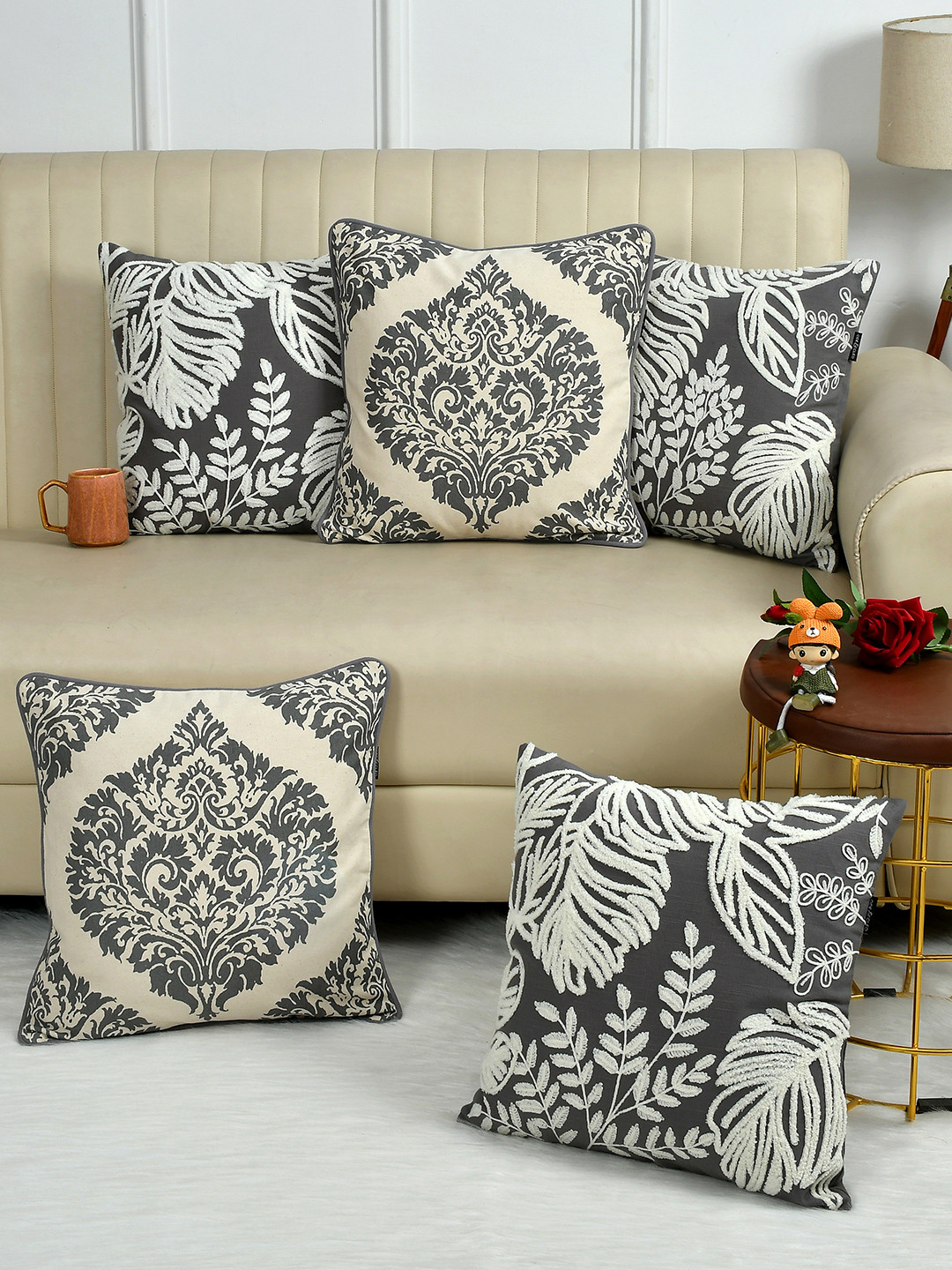 Ode & Cleo Grey Ethnic Motifs Other Washable 5 Pcs Square Cushion Covers - 15.7 x 15.7 In